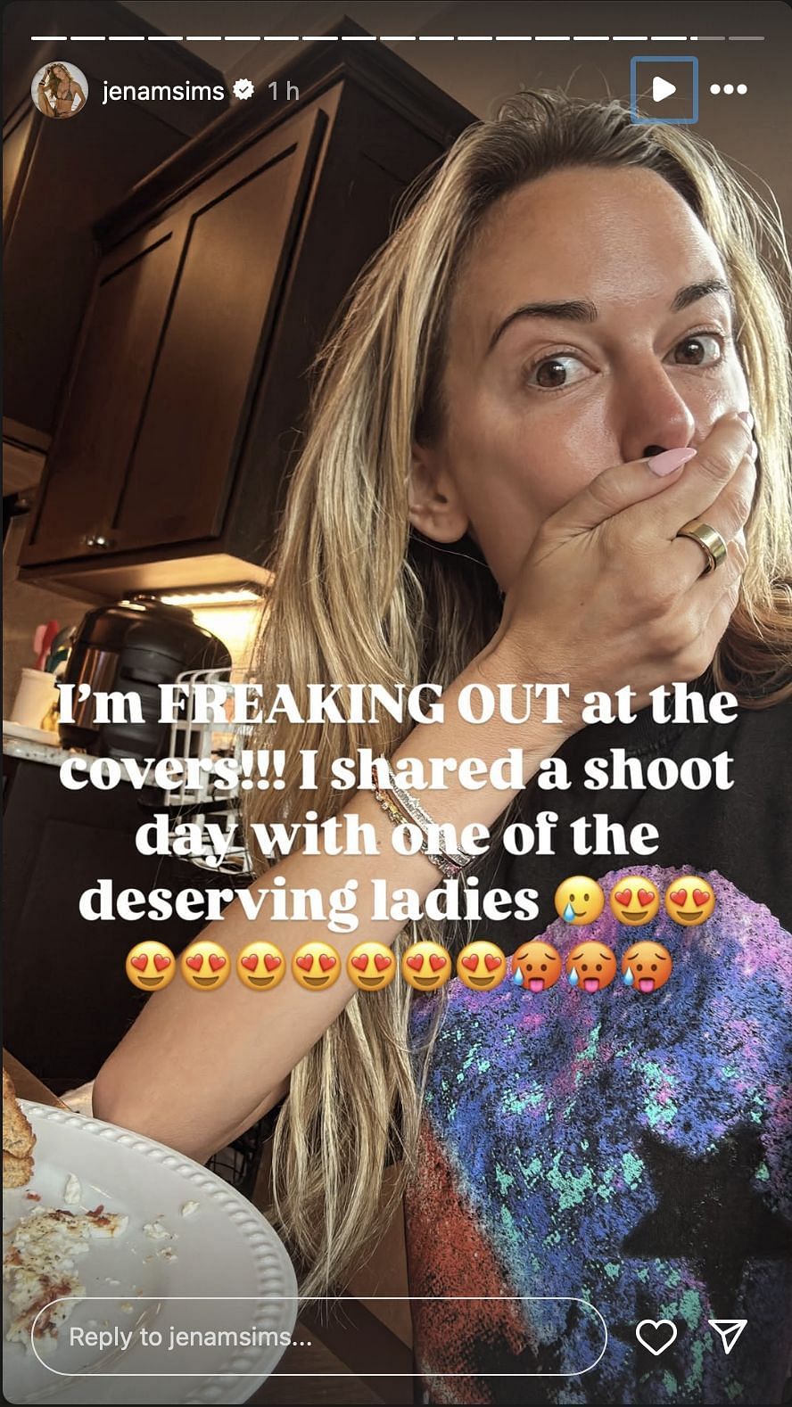 Jena Sims freaks out after finding she was shooting with one of the cover models. Image via Instagram @jenasims